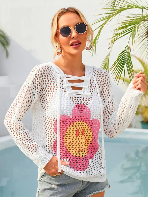 Sunset and Swim Flower Graphic Lace-Up Openwork Hooded Cover Up Soft Beachwear Set