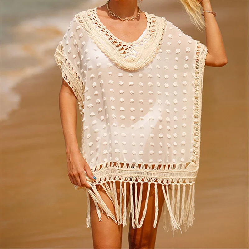 Sunset and Swim Fringe Tassel Crochet Beach Cover Up Retro Swimwear Style