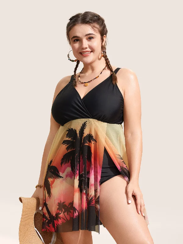 Tropical Print Slit Hem See Through Swim Dress Trendy Swimwear Set