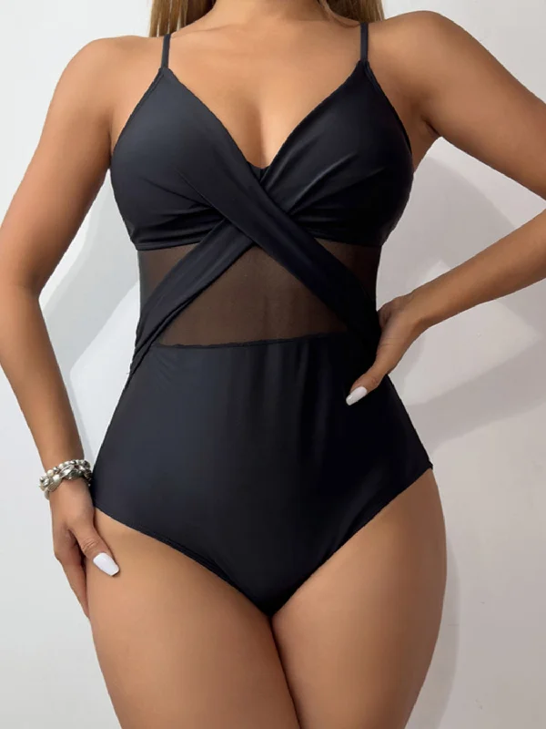 V-Neck Spaghetti Strap One-Piece Swimwear Swimsuit with Skirt