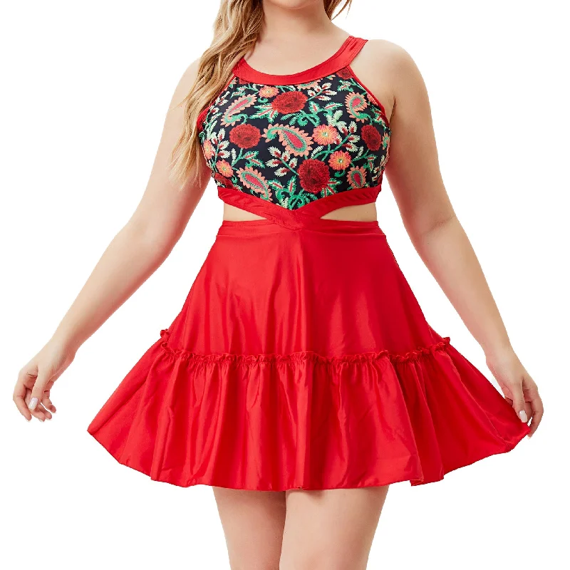 Vintage Red One Piece Summer Plus Sizes Swimwear Ruffled Swimsuit Top