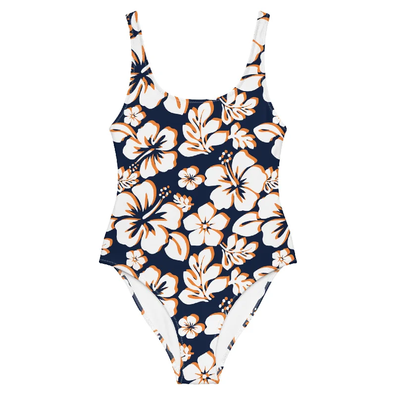 White and Orange Hawaiian Flowers on Navy Blue One Piece Swimsuit Floral Print Swimsuit