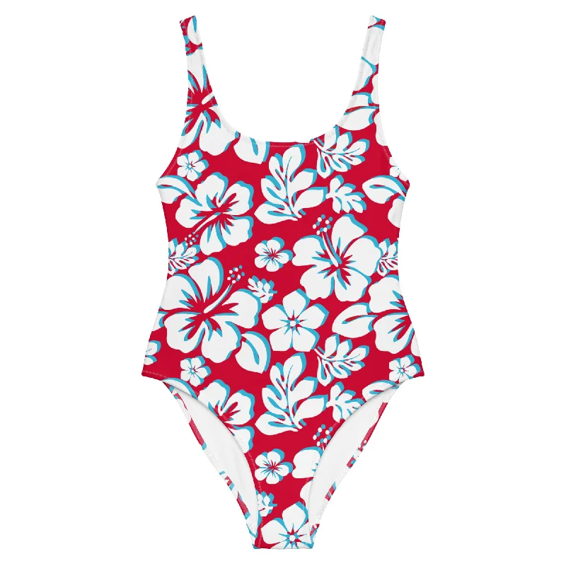 White with Aqua Blue Hawaiian Flowers on Red One Piece Swimsuit Comfortable Tankini Set