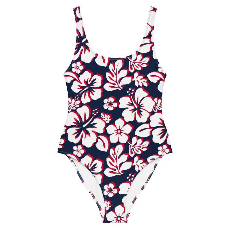 White with Red Hawaiian Flowers on Navy Blue One Piece Swimsuit Full Coverage Swimsuit