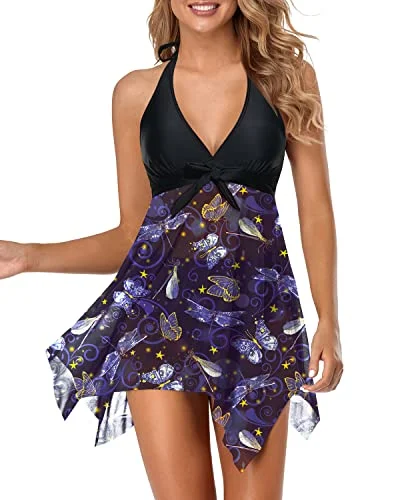 V Neck Mesh Swim Dress With High Waisted Bikini Bottoms-Black And Blue Butterfly Adjustable Bikini Bottoms