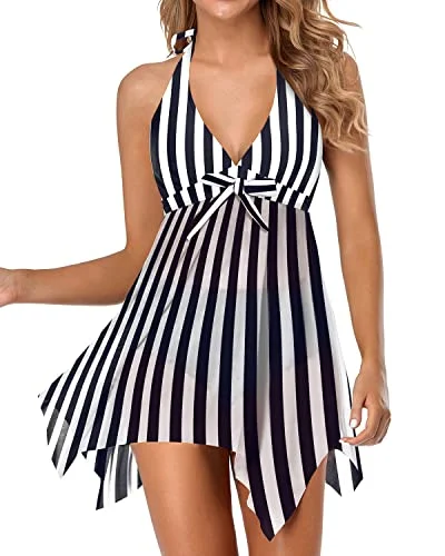 Flowy Halter Bathing Suit Dress Swim Dress Swimsuit For Women-Black Stripe Plunge Back Swimsuit