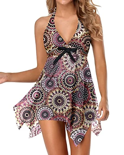 Mesh Asymmetrical Handkerchief Design Swimdress For Women-Brown Print Strapless Swimsuit Top