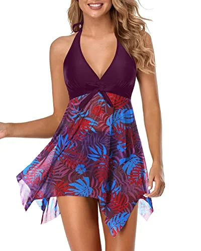 Asymmetrical Two Piece Swimsuit With High Waist Bikini Bottoms-Purple Leaf Sleek Racerback Swimsuit