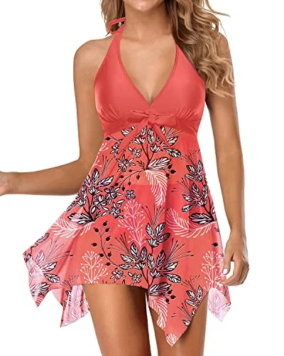 V Neck Two Piece Mesh Swim Dress With Tummy Control Boy Shorts-Red Floral Two-Piece Beachwear