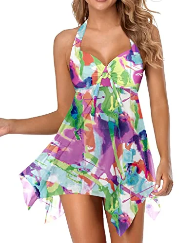 Push Up Bathing Suit Dress With Boyshorts Underwire Swimsuits-Color Tie Dye V-Neck Swim Dress