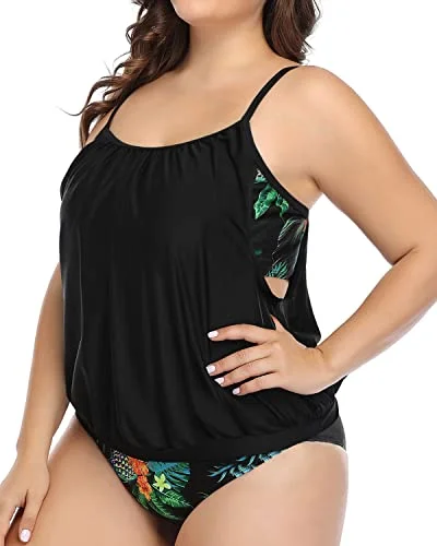 Women's Flattering Plus Size Tankini Swimsuits-Black Pineapple Adjustable Bikini Bottoms