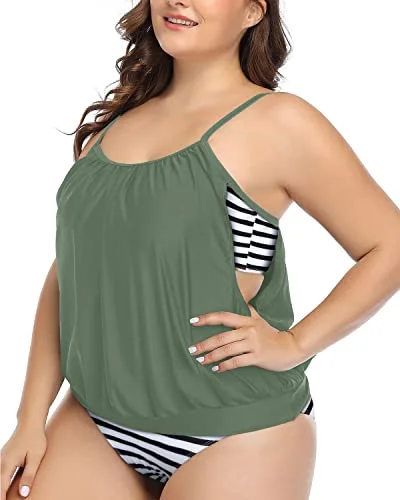 Deep Cut Side Tankini Padded Bra Plus Size Sporty 2 Piece Tankini-Green Ruched Swimwear Set