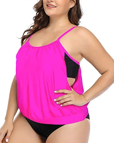 Double Layer Tummy Control Tankini Plus Size Sporty 2 Piece Tankini-Neon Pink Bold Swimsuit Design