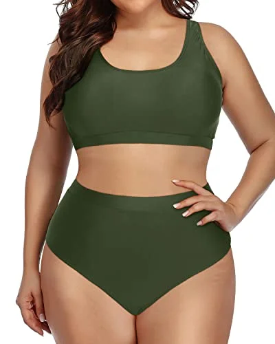 Modest Sporty Bikini Swimsuit Unique Shoulder Straps For Plus Size-Army Green Chic Swimsuit Cover-Up