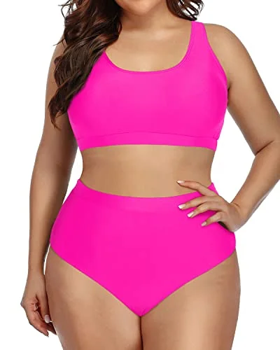 Modest And Supportive Plus Size Athletic Bikini Swimsuit-Neon Pink Lace-Detail Bikini Set