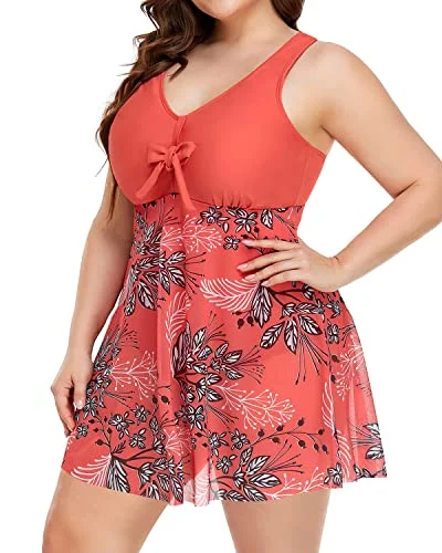 Sexy Slimming Plus Size One Piece Bathing Suit Swimdress-Red Floral Flirty Ruffle Swimsuit