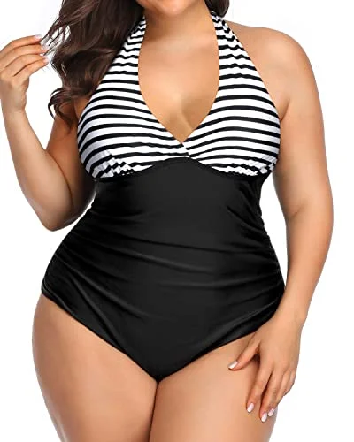 Sexy Halter One Piece Push Up Swimsuits For Women-Black And White Stripe Tropical Print Bikini