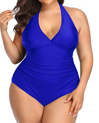 Backless Ruched Halter 1 Piece Swimsuits For Women-Royal Blue Quick-Dry Swimsuit