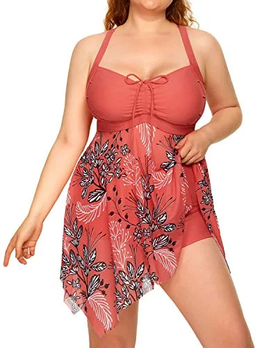 Flowy Mesh Tankini Plus Size Swimdress Boyshorts-Pink Flower V-Neck Swim Dress