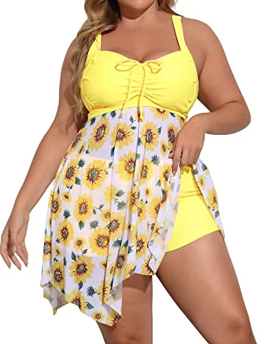 Slimming Ruffled Plus Size Two Piece Swimdress Beach Cover Up Dresses-Sunflower Vintage Swimwear Look