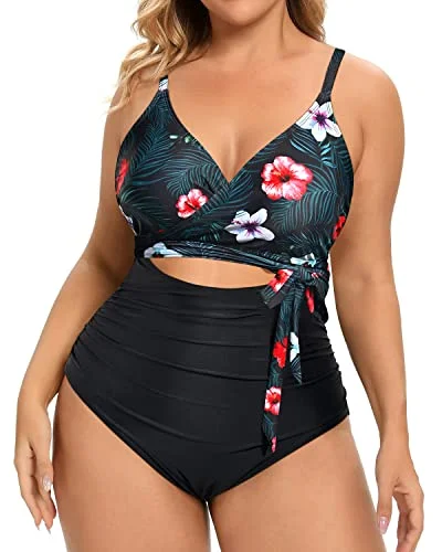 Sexy Wrap Criss Cross Belted Plus Size One Piece Swimsuits-Black Floral Vintage Swimwear Look