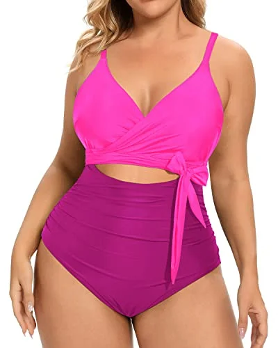 Plunge Neckline High Waisted Tummy Control Swimwear-Phosphor And Dark Pink Swim Dress with Belt