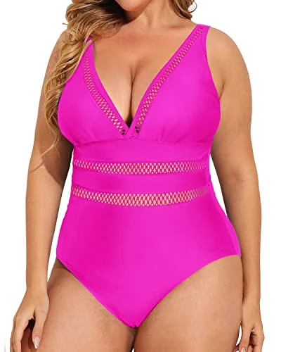 Sexy Mesh V-Neck One Piece Push Up Swimwear-Neon Pink Sleek Racerback Swimsuit