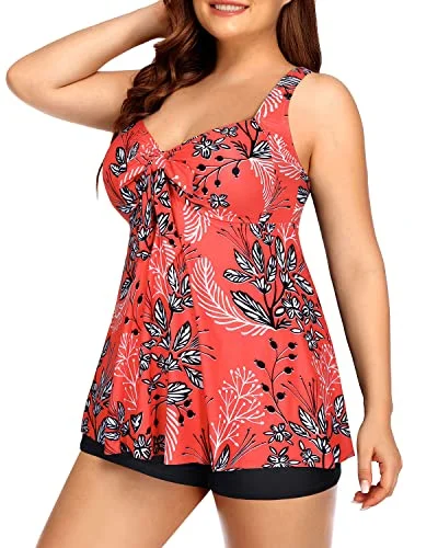 Two Piece Tankini Swimsuit For Big Busted Women-Red Floral V-Neck Swim Dress