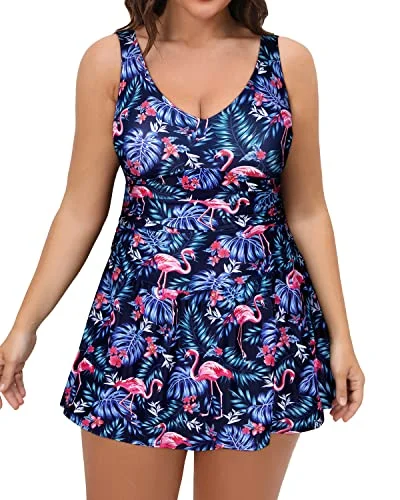 Women Plus Size One Piece Swimsuit For Women With Skir-Flamingo Palm Elegant Ruffled Bikini