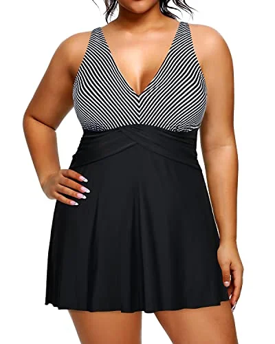 Slimming Women Tummy Control Bathing Suit Swimdress With Shorts-Black And White Stripe Quick-Dry Tankini