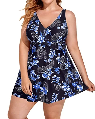 V Neck Women One Piece Plus Size Swim Dress With Shorts-Blue Paisley Comfortable Tankini Set