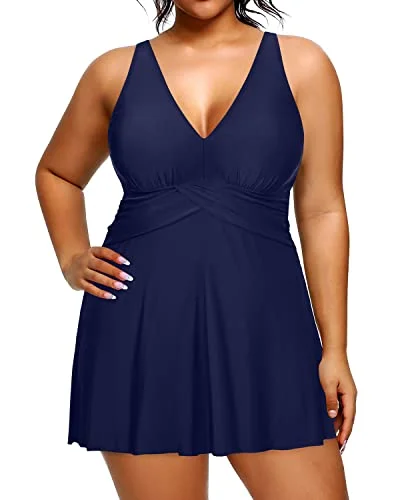 One Piece Swimsuit With A Line Silhouette And High Waist For Women-Navy Blue Casual Swim Dress