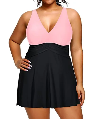 Plus Size Women Tummy Control Bathing Suit Swimdress-Pink And Black Swim Skirt Set