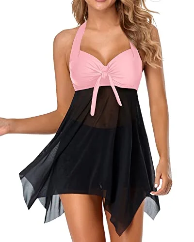 Women's Swim Dress Skirt Two Piece Mesh Halter Bathing Suit V-Neck Swim Dress