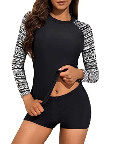 Protective Women's Rash Guard Swim Shirt Boyshort Bottom-Black And White Snake Print Flirty Ruffle Swimsuit