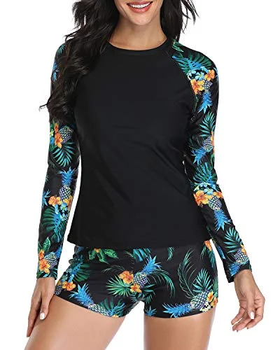 Women's Long Sleeve Two Piece Swimwear Set Uv Protection-Black Pineapple Plunge Back Swimsuit