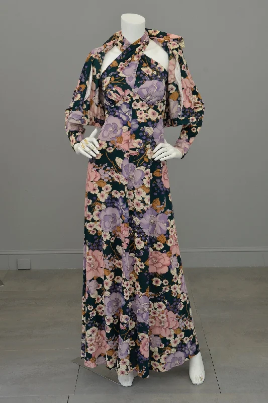1970s Twisted Halter Keyhole Floral Print Maxi Dress + Matching Jacket Wool Fabric Cashmere Fabric Tweed Fabric 1970s Twisted Halter Keyhole Floral Print Maxi Dress + Matching Jacket Wool Fabric Cashmere Fabric Tweed Fabric