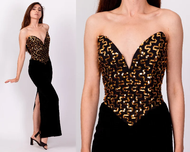 80s 90s Gunne Sax Black Velvet & Gold Sequin Gown - Extra Small