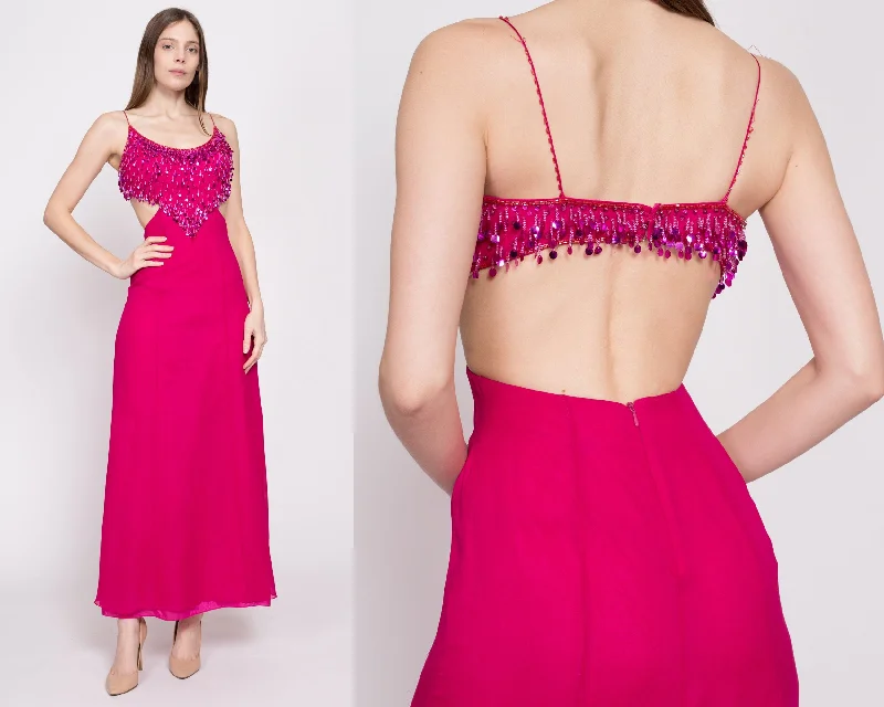 90s Hot Pink Silk Sequin Showgirl Evening Gown, As Is - Extra Small