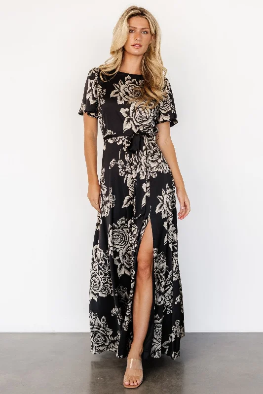 Agnes Satin Maxi Dress | Black + Cream Floral Stylish V-Neck Maxi Dress