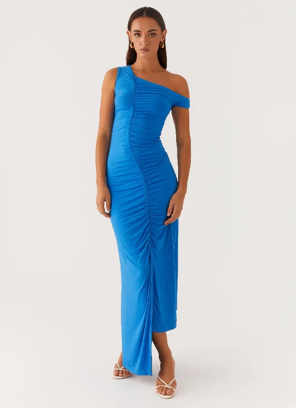 Anaya Ruched Asymmetrical Maxi Dress - Azure Stylish Boho Maxi Dress