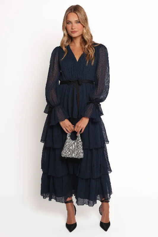 Antoinette Long Sleeve Tiered Maxi Dress - Navy Stylish A-Line Maxi Dress