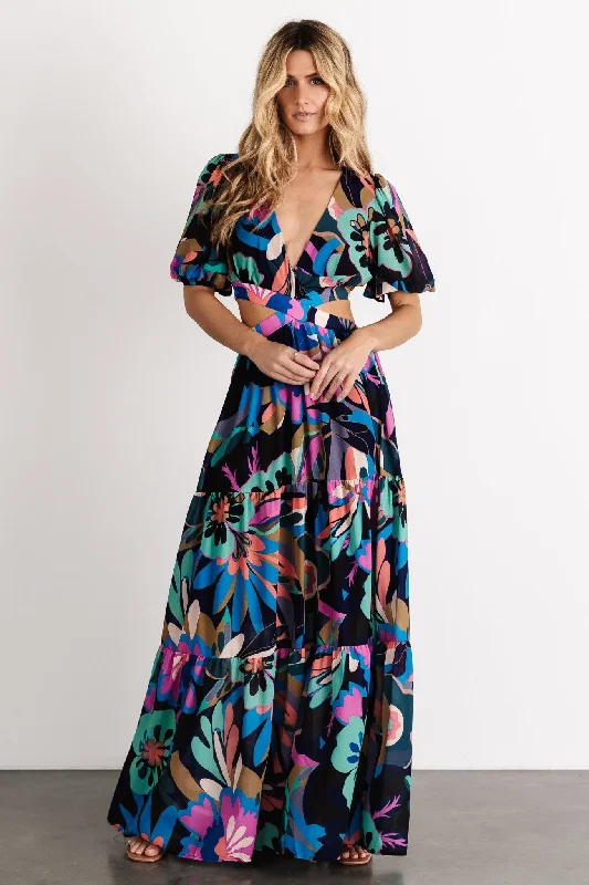 Bastina Open Back Maxi Dress | Black Print Trendy Button Front Maxi Dress