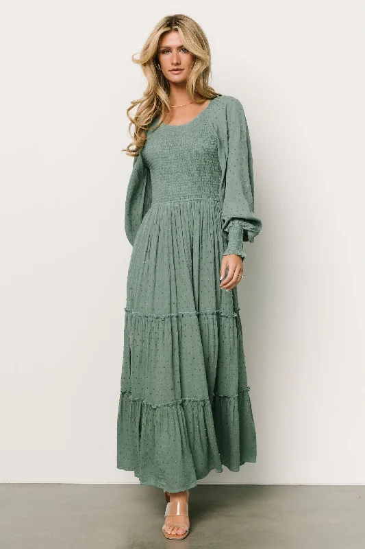 Bayley Smocked Dotted Maxi Dress | Dark Eucalyptus Stylish Maxi Dress with Frills