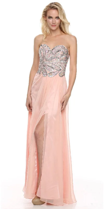Juliet 548 Beaded Bodice Long Strapless Thigh Slit Formal Gown