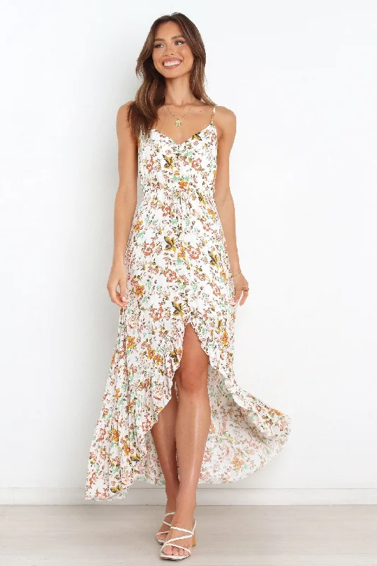 Bingham Satin Floral Ruffle Maxi Dress - Cream Comfortable Casual Maxi Dress