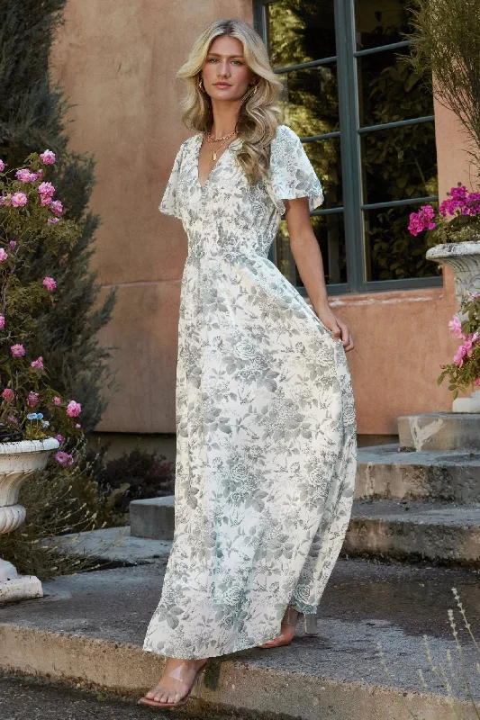 Birdie Maxi Dress | White + Sage Floral Stylish Boho Maxi Dress