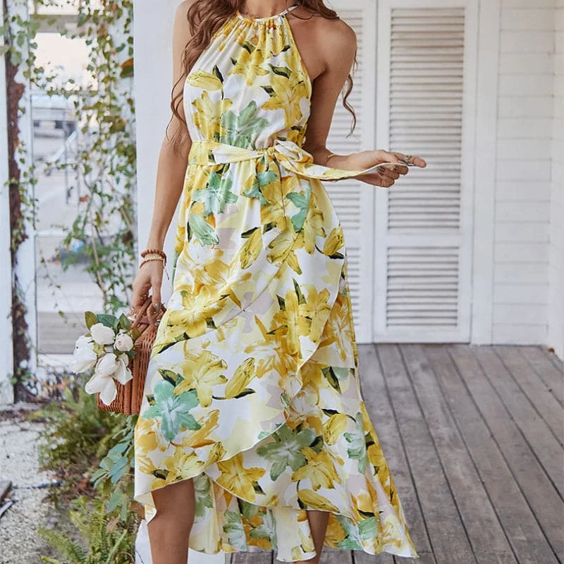 Summer Flower Print Sexy Slit Beach Dresses