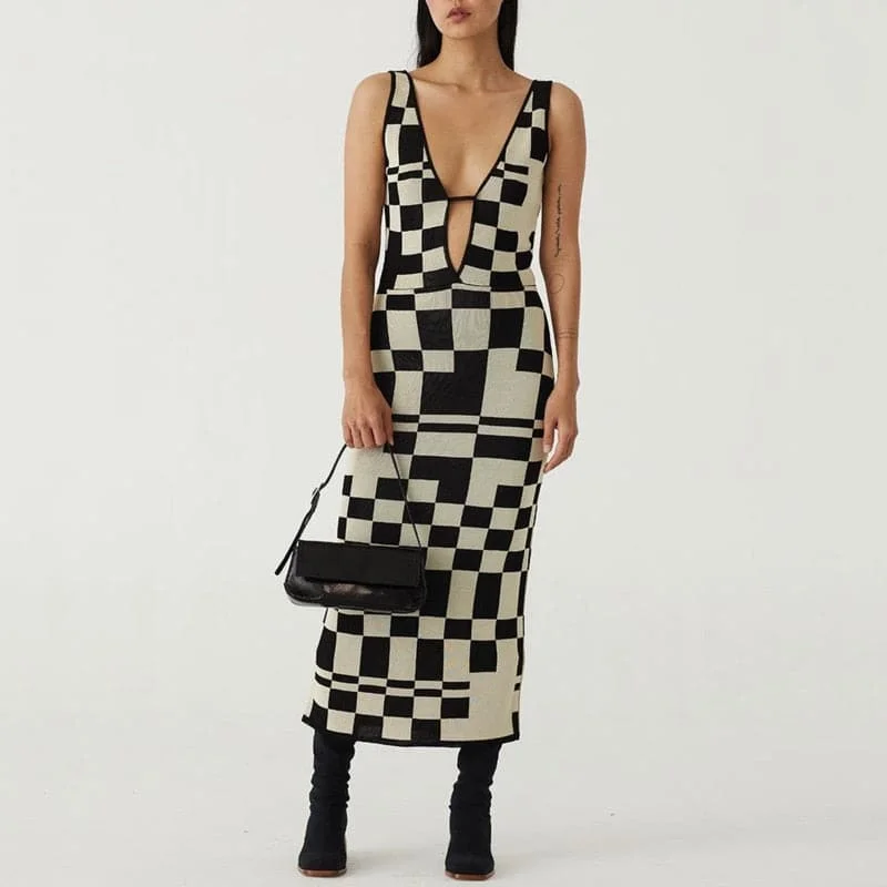 Sexy Backless Plaid Print Spaghetti Strap Hollow Out Vestidos Dresses