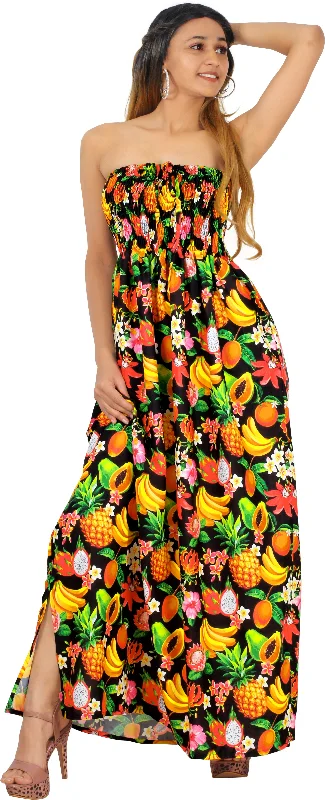 Black Fruits and Flower Printed Long Tube Dress For Women